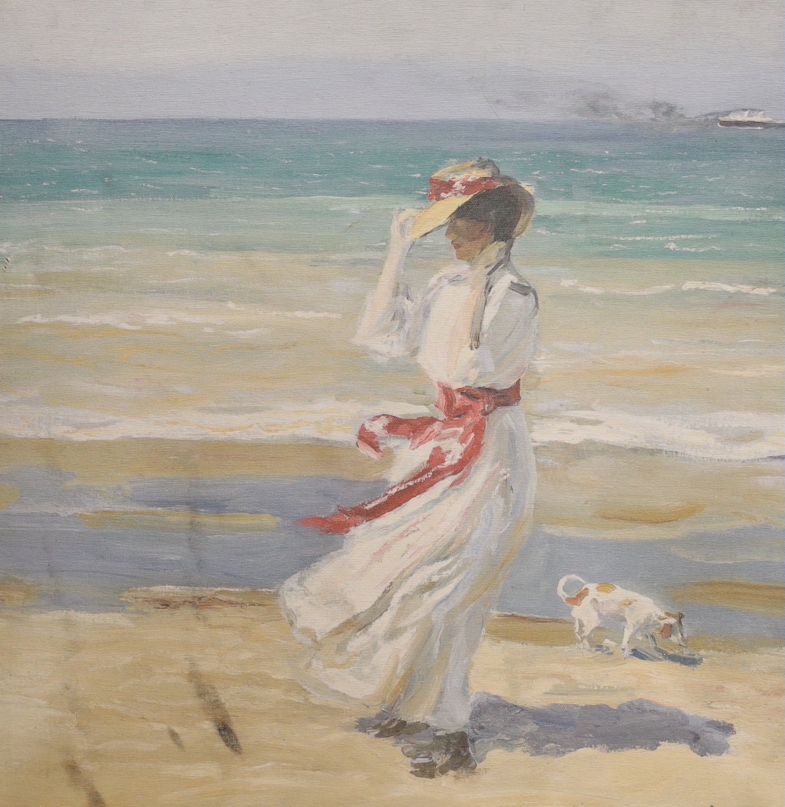 After Sir John Lavery, oil on canvas, Woman and dog on the seashore, bears signature, 50 x 51cm, unframed